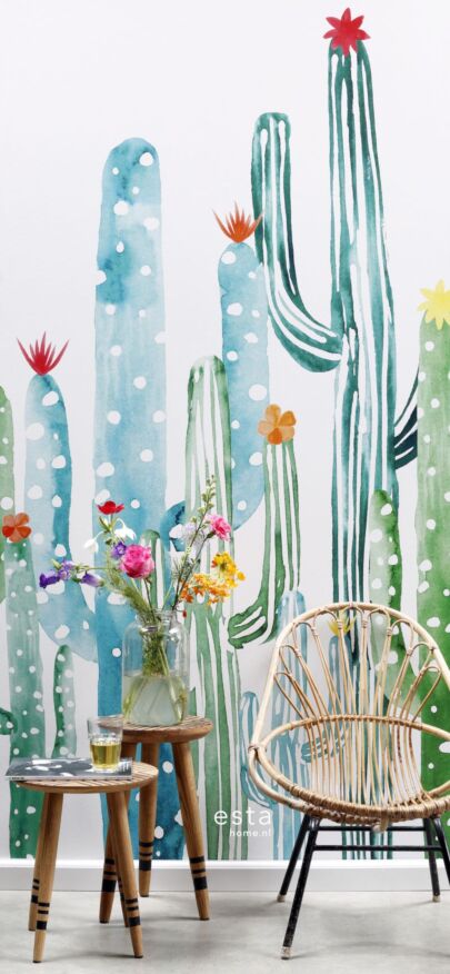 fototapet akvarellmålad blommande kaktus tropiskt djungelgrönt och turkost