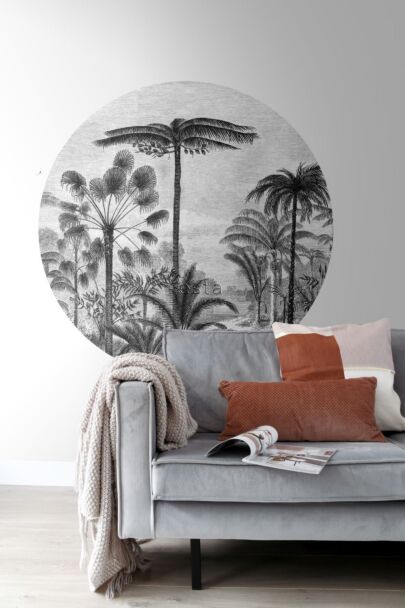 vardagsrum självhäftande rund tapet tropiskt landskap med palmer  svart och vitt 159006