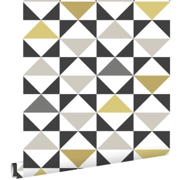 tapet grafiska trianglar vitt, svart, grått och ockra