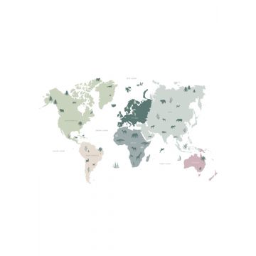 fototapet världskarta för barn mintgrönt, grått och rosa