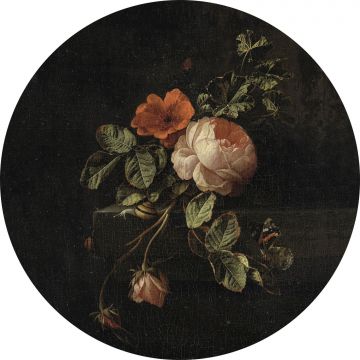 självhäftande rund tapet stilleben med blommor mörkrött och svart