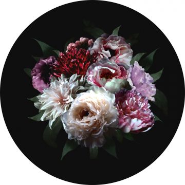 självhäftande rund tapet stilleben med blommor mångfärgat på svart