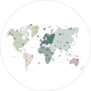 självhäftande rund tapet världskarta för barn mintgrönt, grått och rosa