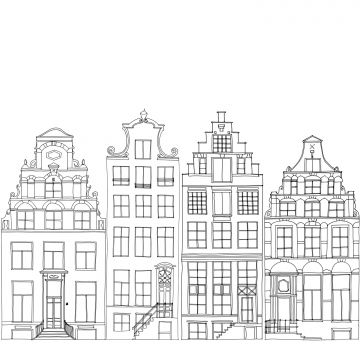 fototapet tecknade kanalhus i Amsterdam svart och vitt
