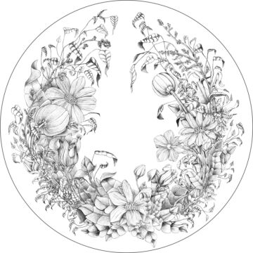 självhäftande rund tapet pennteckning av blommor svart och vitt