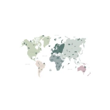 fototapet världskarta för barn mintgrönt, grått och rosa