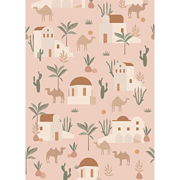 fototapet kameler och kaktusar milt rosa, terrakottaröd och grönt