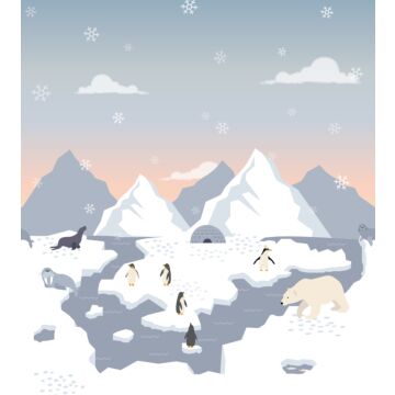 fototapet isbjörnar, pingviner och sälar i snön blått och vitt
