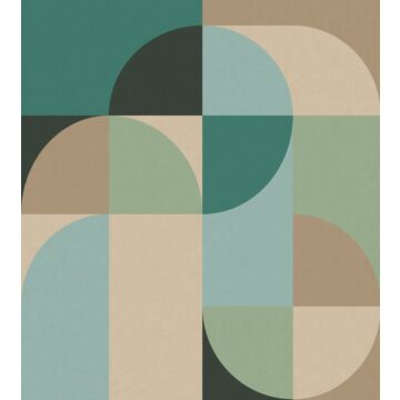 fototapet geometriskt motiv i Bauhaus-stil bensingrönt, mintgrönt och beige